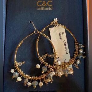 C&C Earrings Women’s Gold Tone Oval Beads Dangle Pierced 2”